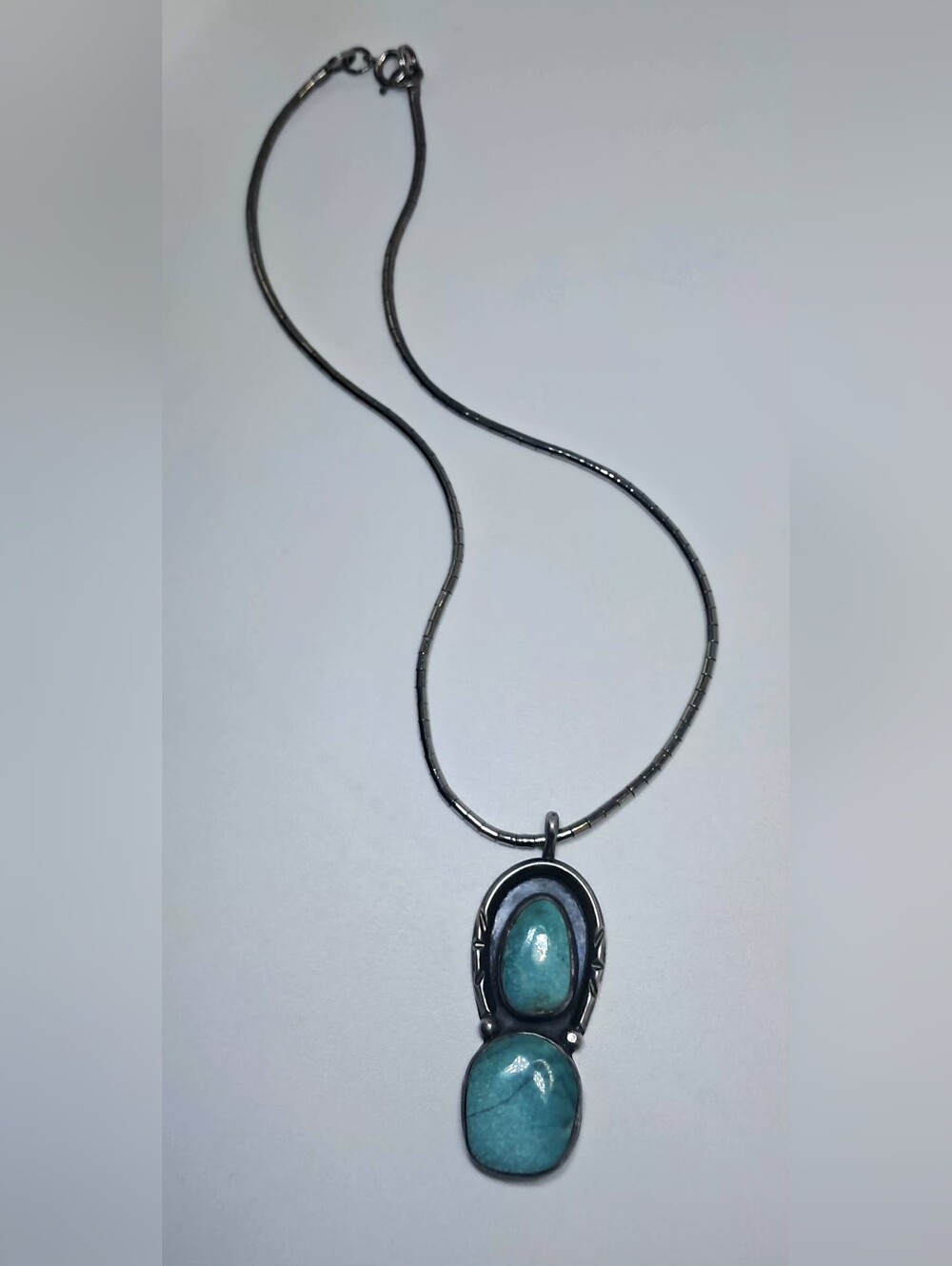 Vintage Native American 925 Sterling Silver Double Turquoise Pendant Necklace